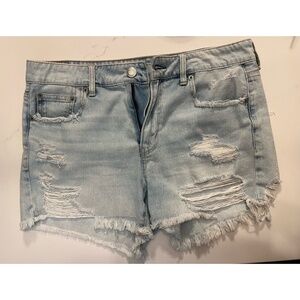 American Eagle “tomgirl Midi” Distressed Light Wash Denim Shorts